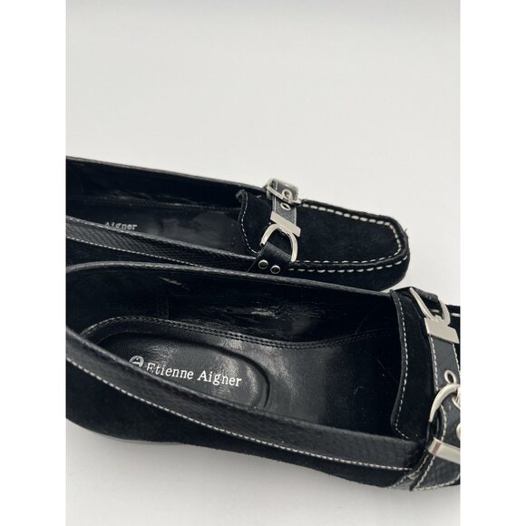 Etienne Aigner Women's Black Suede Leather Loafers With Buckle Accents Size 7 - Picture 5 of 16